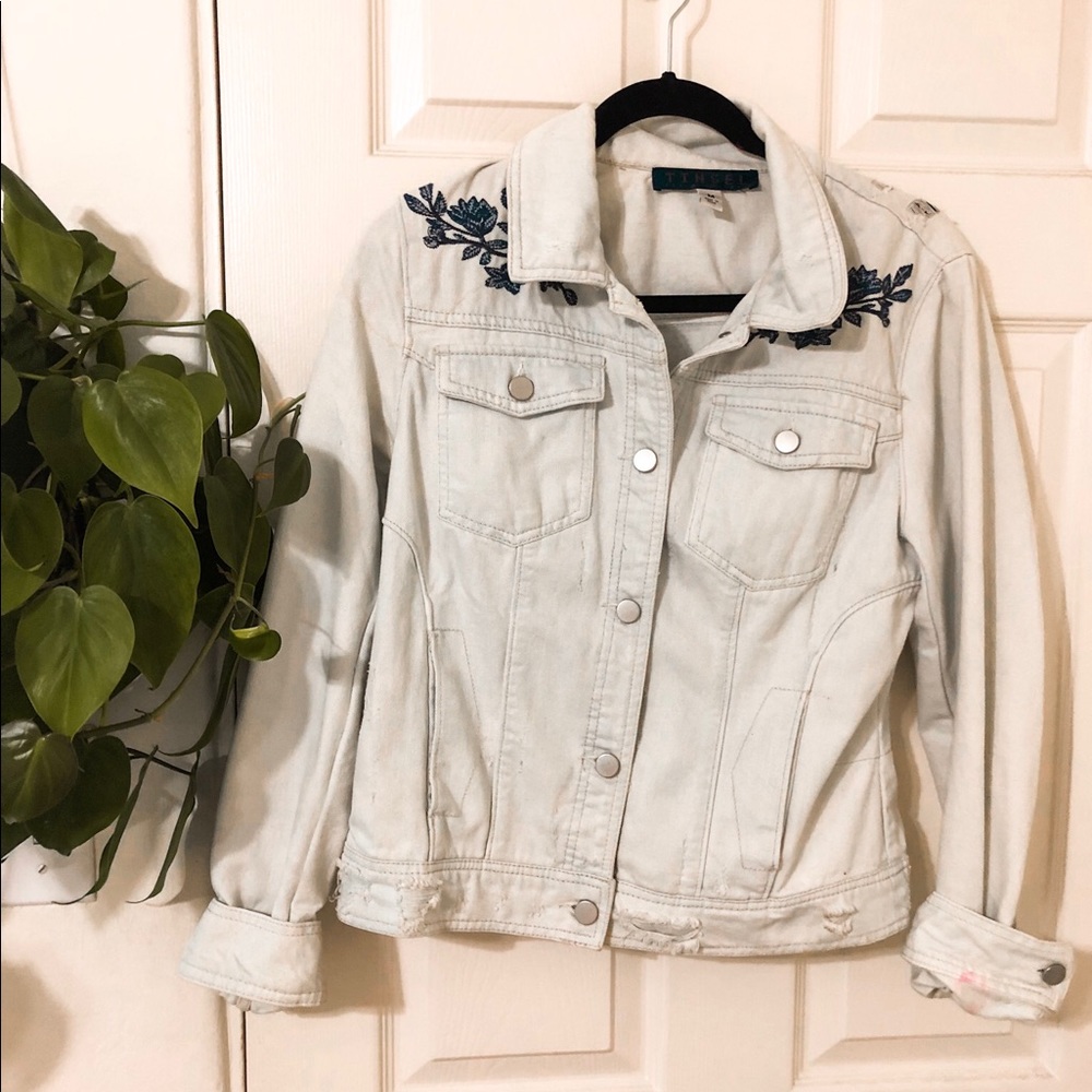 Light Ripped Denim Jacket with Navy Flowers